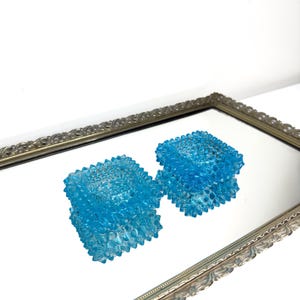 Vintage Pair Fenton Glass Blenko Blue Hobnail Open Salt or Candle Holder. 1960&#39;s-70&#39;s Size - 1 1/4&quot; T X 3&quot; W
