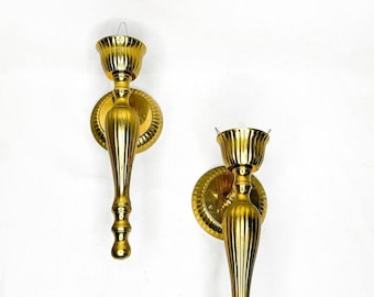 Stunning Set Of Two Vintage Heavy Brass Wall Sconces , Hollywood Regency