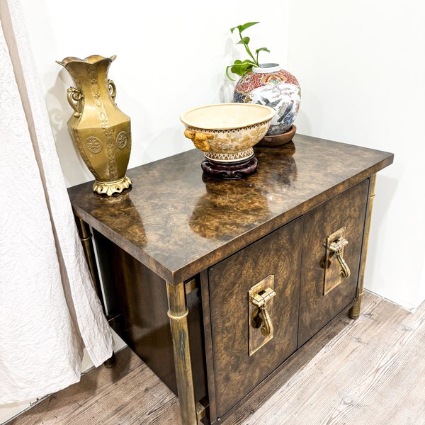 MCM Mastercraft Luxurious Entry / Bedside Table in Carpathian Elm and Brass by William Doezema , 1960s