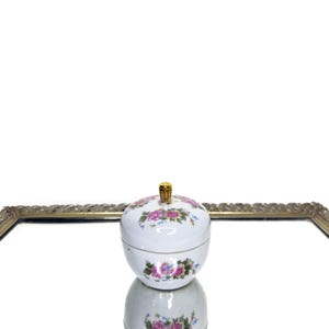 Porcelain Vanity Trinket / Jewelry Jar with Lid and Pink Rose, Yellow Flower