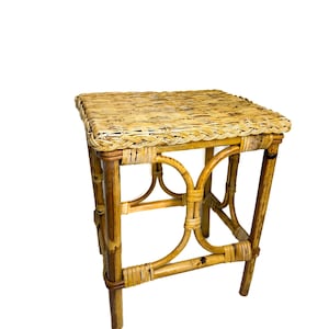 Sturdy Vintage Bamboo Rattan Wicker Side Table , Rattan Stool, Wicker Plant Stand