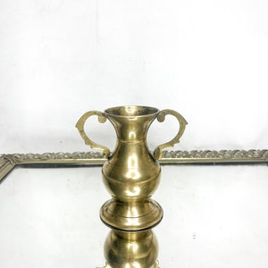 Vintage Small Brass Ornate Floral Bud Vase, Pitcher With Double Handles, 4”