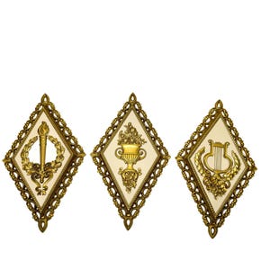 Set di 3 targhe da parete vintage Homco Gold Diamond Shape in plastica stampata, urna a lira, frutta, arredamento per la casa anni &#39;70, stile Hollywood Regency barocco