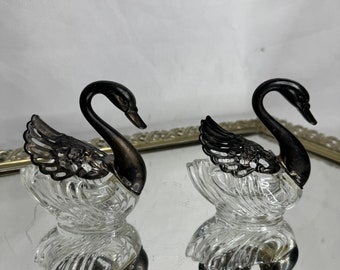 Antique Swan Sugar Jars/ Salt Cellars, Silver Plate and Crystal, Filigree Wings, Hinged Wings, Made In Italy, Set of two