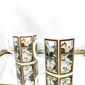 Vtg Set of Two Japanese Art Mugs, Seizan Fine China, Hexagon-Style Mugs, Made in Japan
