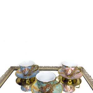 set of 3 Demitasse tea cup and saucer  blue, pink , and green with solid gold rim and base