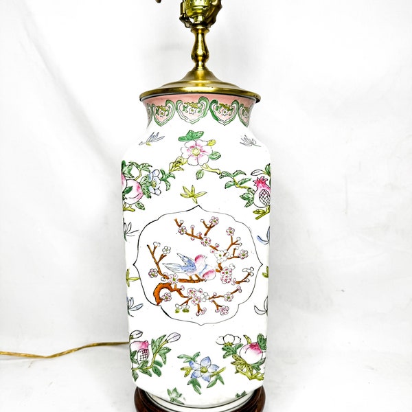 Stunning Vintage Chinoiserie-Style Ceramic Vase Lamp W/ Butterflies, Birds, & Floral Motif Grand Millennial Asian Oriental Style