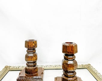 Set of Two Vintage Handcarved Dark Wooden Candle Holders