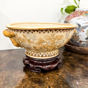 Vintage Decorative China Bowl with Pear Design and Wooden Pedestal