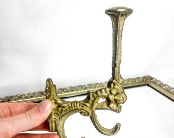 Antique Victorian Gothic Brass 2 Coat and Hat Hanger Gargoyle Lion Dragon Bacchus