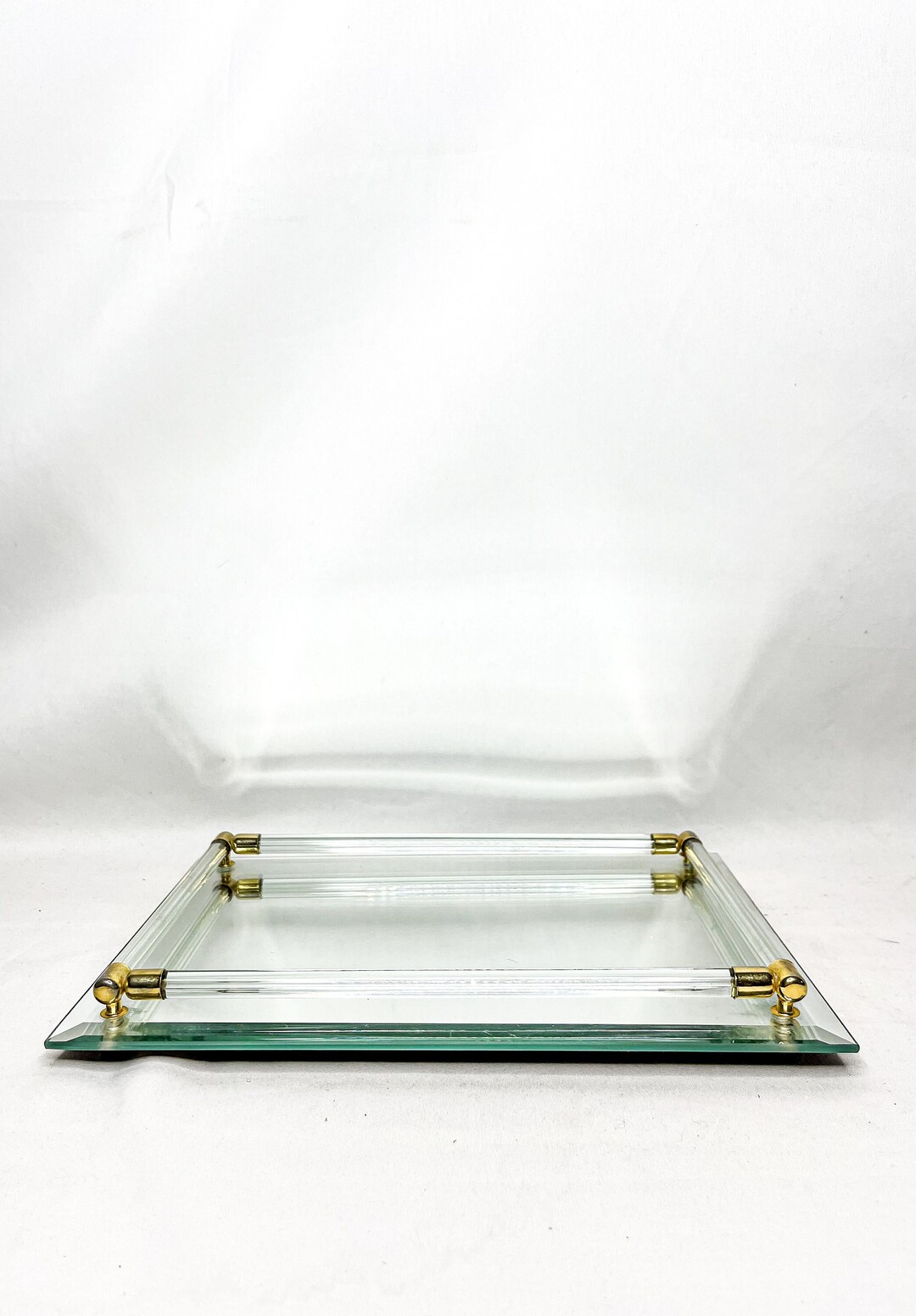 Vintage 11 X 8 Mirrored Vanity Tray W/ Lucite Rod Rim and Brass Corners