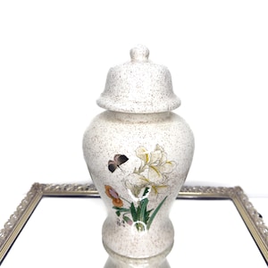 Beautiful Vintage Ginger Jar with Floral Scene depicting Poppy flower, Iris, & Butterfly - Crackled Glaze Finish