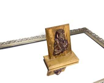 rare vintage Religion Mary and Baby Jesus Copper Sculpture on wood