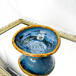 Blue and Tan Vintage Signed Studio Pottery Trinket Bowl with Swirl and Leaf Design