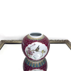 Vintage ginger jar, pink ginger jar with detailed flowers and a bird, Chinese vase