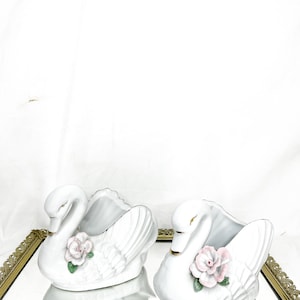 Beautiful Vintage Set of Two Large Swan With Raised Pink Porcelain Flower Planter Vase