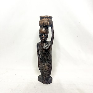 ヴィンテージ 手彫り ダークウッド アフリカ女性像 置物 アート 装飾 部族