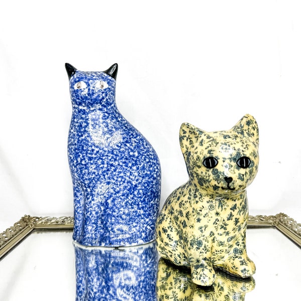 Set of Two Vintage Ceramic Cats, Blue White Spongeware Kitty with Black Ears, Whites Wachamacallits Cat Blue Floral and Butterflies.