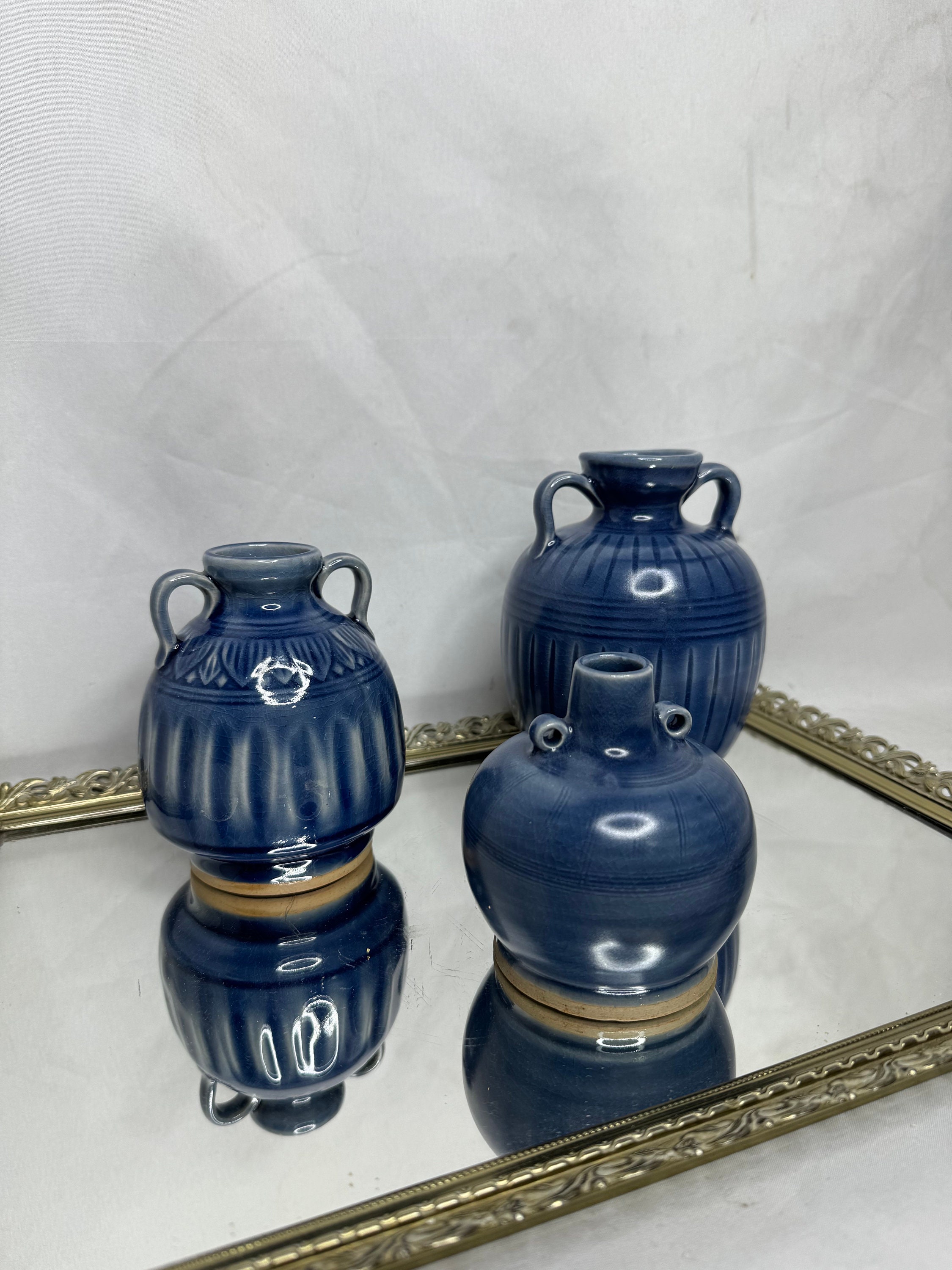 Set of Three Signed Studio Pottery Vases Celadon Ceramic