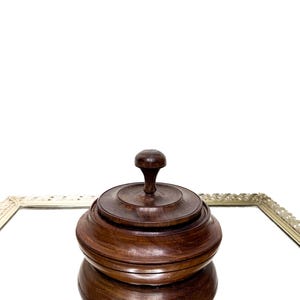 Vintage walnut turned wooden bowl with lid trinket box rustic decor round finial, Wooden Tobacco Jar