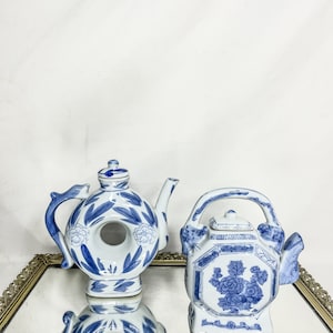 Set of Two Vintage Chinese Blue & White Floral Porcelain Sake and Doughnut Shaped Teapots