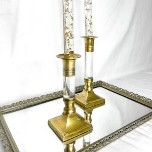 Vintage Metallic Solid Gold Brass and Lucite Hollywood Regency Candle Stick Holders