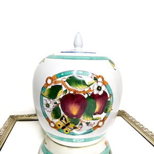 Rare Large Vintage Chinese Ginger Jar With Lid, Fruit and Floral Motifs , Grand Millenial, Chinioserie Chic