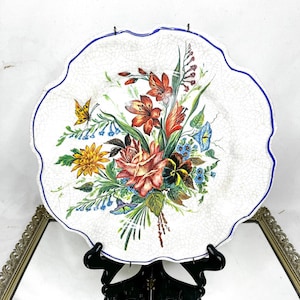 Set of Two Vintage Lami Italy Melamine Colorful Flowers 11” Scalloped Plate Crackle Look