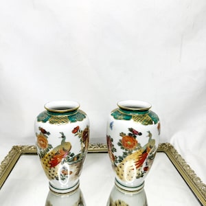 Set Of Vintage Japanese Kutani Peacock Porcelain Vases 1950s