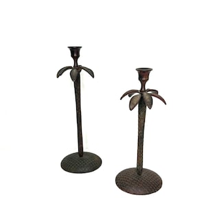 Pair of Made in India Textured Wrought Iron Metal Tropical Palm Tree Graduating Candlestick Holders