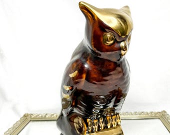 Rzadki duży wazon ceramiczny MCM Vintage w kolorze brązowo-złotym z sową, malowany ręcznie