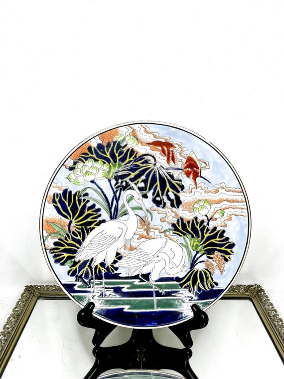 95×182 ヴィンテージマスタード　シノワズリ柄 ヴィンテージ シノワズリ クレーンプレート：青と白の装飾模様 - Etsy 日本