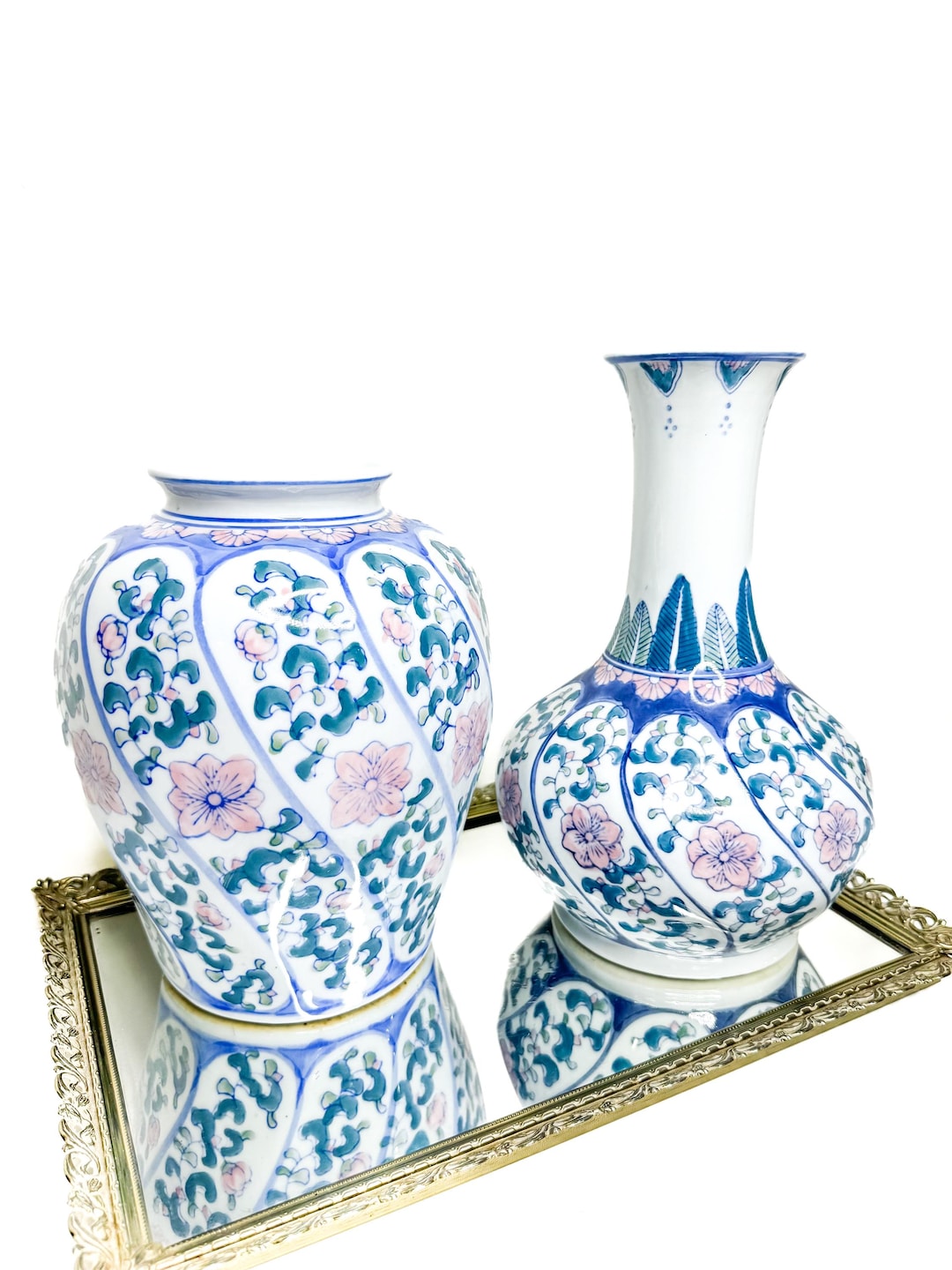 Set of Two Vintage Chinoiserie Blue and White Vase With Pink Flowers ...