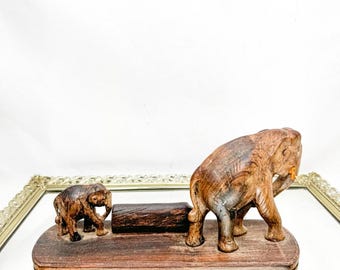 Vintage Handcrafted Wooden Statue - Elephants Carrying Wooden Log (a/f) OA 3538