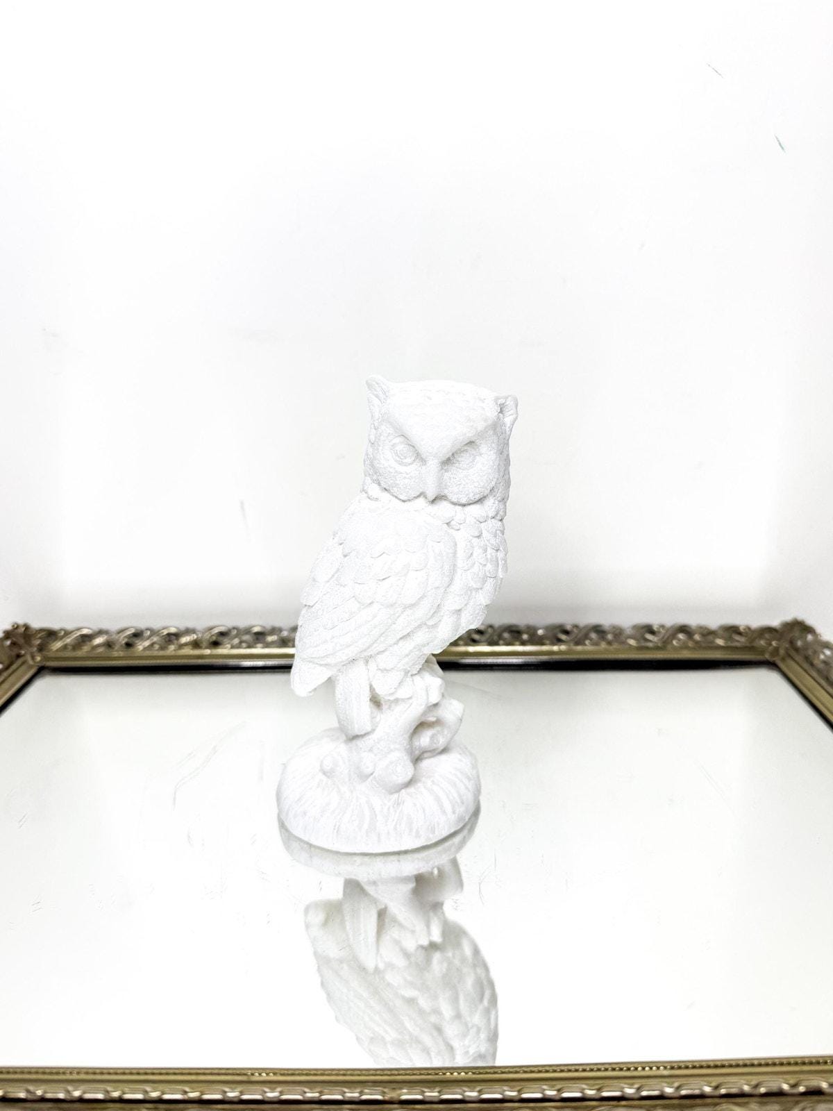 Vintage Carved White Alabaster Owl Figurine Signed by A.Santini Made in Italy