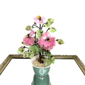 Beautiful Vintage Jade Glass Bonsai Tree Pink Flower Rose, Green Celadon Pot