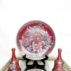 Vintage Set of Floral Tapestry Pattern Decorative Plate and Two Bells, Pink and Blue, Gold Trim Decorative Collectibles Collector Plates