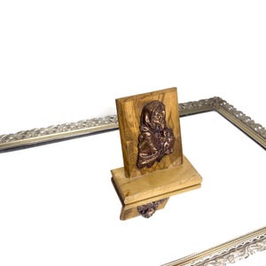rare vintage Religion Mary and Baby Jesus Copper Sculpture on wood