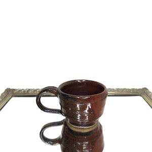 Signed Pottery mug, wide handle, brown, wheel thrown pottery, glazed, non-toxic, dishwasher safe, microwave safe