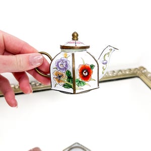 Vintage Miniature Tea Pot, Painted Enamel and Brass by B. Yee, 7 cm tall
