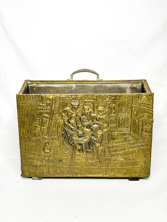 Vintage Lombard Brass Embossed Magazine Rack: English Colonial