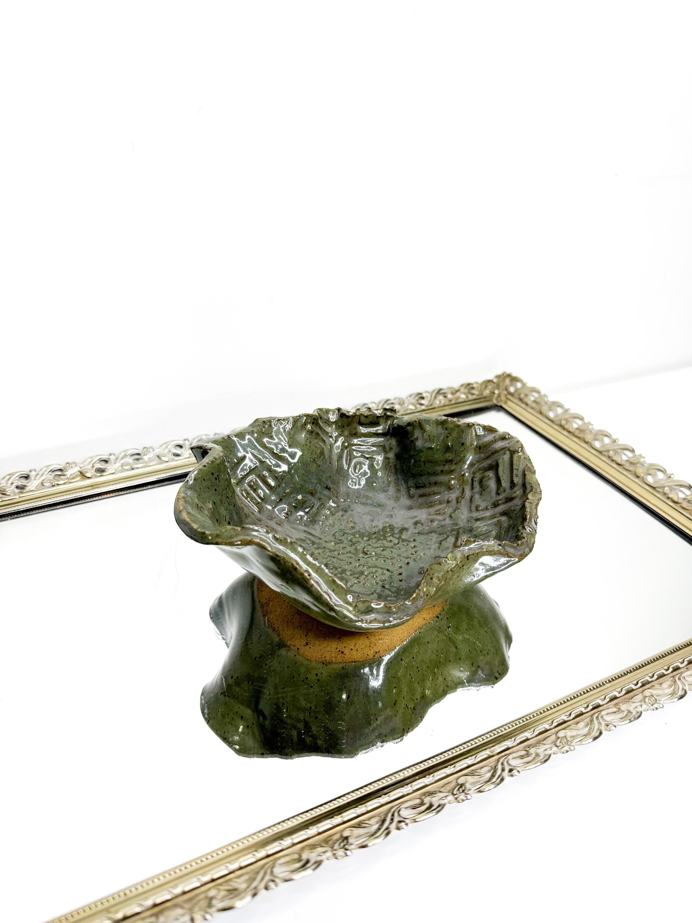 Vintage OOAK Brutalist Organic Pottery Trinket bowl, Green Glazed