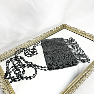 80s Black Beaded Purse Shoulder Cross Body Evening Bag Small Satin Lining