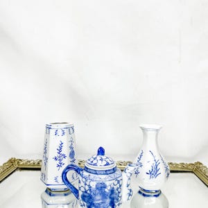 Set of Three Blue and White Porcelain Vintage Chinese Bud Vases and Teapot