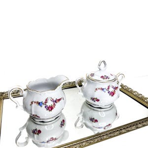 Rosenthal Continental Effenbein Germany Viktoria Lombul Gold Trim Floral Spray Rose Bone China Creamer & Sugar Bowl and 10 Tea cups Set