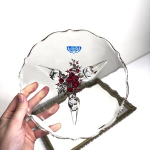 Vintage Clear tri-footed glass Scalloped bonbon Decorative Tray, Candy serving tray with Red Floral Design 7 1/4 Inches, Valentines Tray
