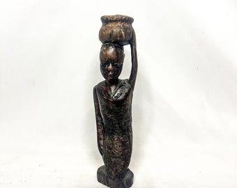 VINTAGE Hand Carved Dark Wood African Woman Statue Figurine Art Ornament Tribal