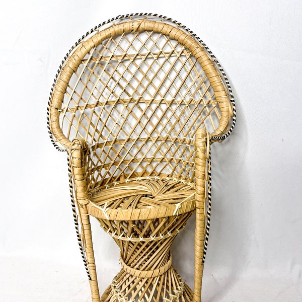 Vintage Peacock Wicker Fan Back Rattan Doll Chair Plant Stand