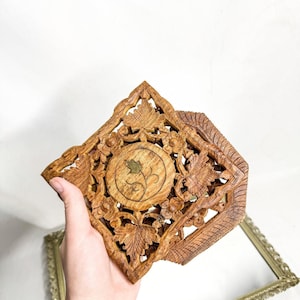 Set of Two Wood and Brass Trivet / Carved Balsa Wood Pot Holder With Brass Inlay From India / Footed Hand Carved Wood Pot Holder