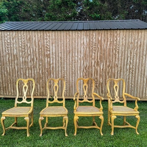 1960s Set of 4 Baker Furniture Company French Golden Oak and Cane Dining Chairs